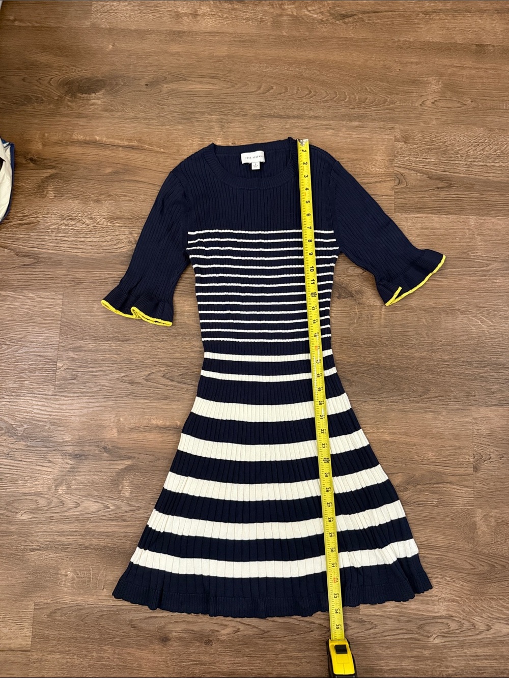 Navy and White Striped Midi Knit Dress with Yellow Trim Size Small